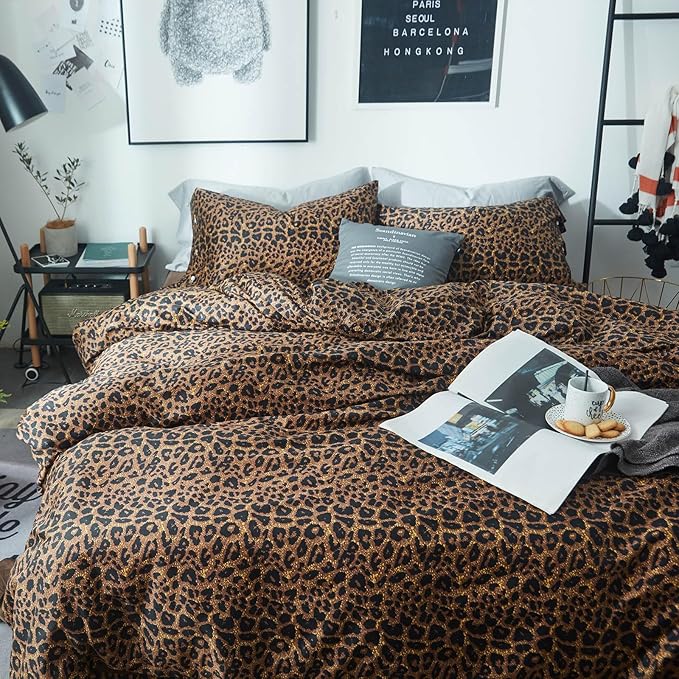 Leopard Print Comforter Set Full Size Animal Cheetah Printed Comforter Set 3 Pieces Fluffy Soft Microfiber Brown/Black Floral Bedding Set Farmhouse Boho Bed Comforter with 2 Pillowcases for All Season