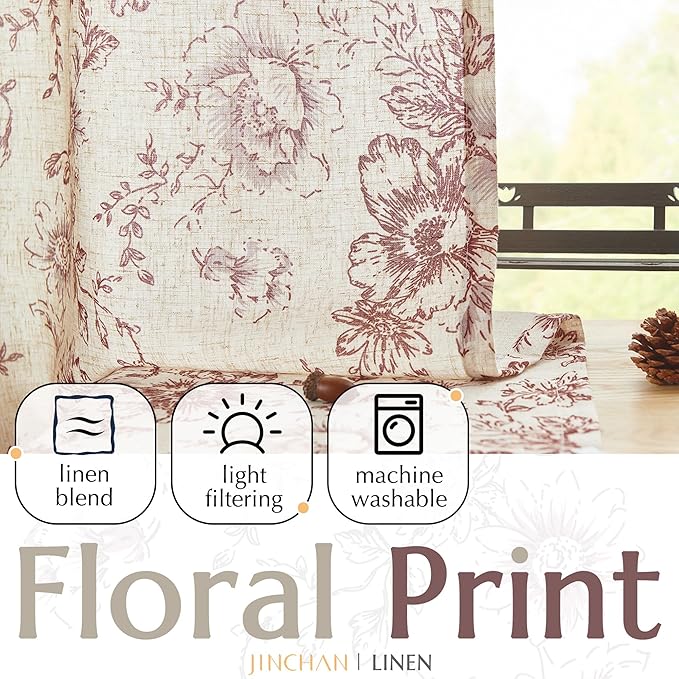 jinchan Linen Blend Curtain Floral Curtains for Living Room 84 Inch Length Christmas Brick Red Printed Curtain Rod Pocket Back Tab Farmhouse Peony Flower Patterned Drapes Curtains Set 2 Panels