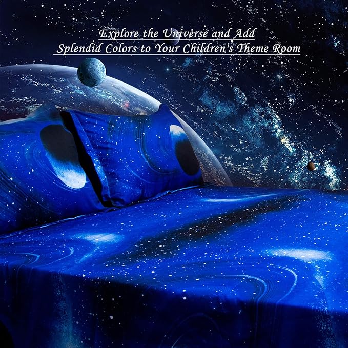 Bedlifes Galaxy Outer Space Sheet Set, Galaxy Themed, 3 pcs Including Flat Sheet, Fitted Sheet, and 1 Pillowcase (Light Blue Full)