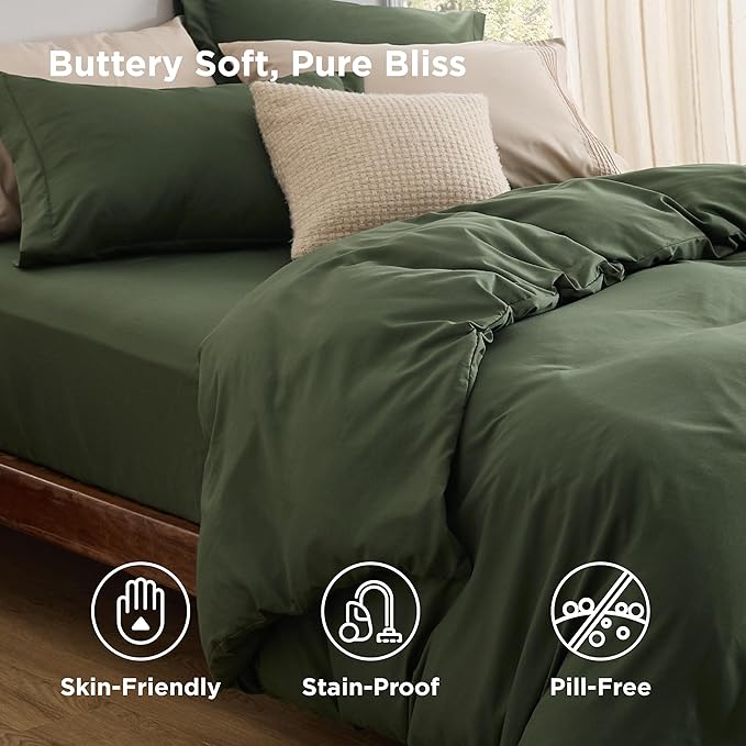 Bedsure Duvet Cover with Fitted Sheet Queen - Warm Deep Pocket, Hotel Luxury Soft Double Brushed Bedding Set with Zipper Closure, 1 Duvet Cover, 1 Fitted Sheet, 2 Pillow Shams, NO Comforter, Green