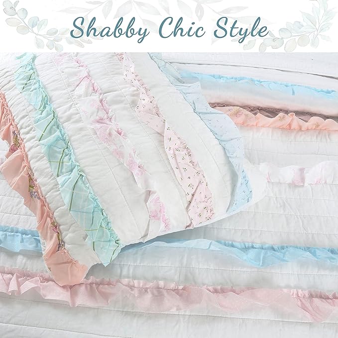Cozy Line Home Fashions 100% Cotton Chic Ruffle Light Lavender Orchid Blue Flower Print Stripe Bedding Quilt Set, Reversible Coverlet, Bedspread (Chic Ruffle, Twin)