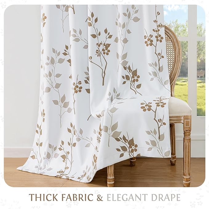 Beauoop Floral 100% Blackout Curtains 54 Inch Length 2 Panels for Bedroom Living Room Tan Brown and White Flower Patterned Room Darkening Thermal Soundproof Grommet Window Treatments Drapes, 52X54