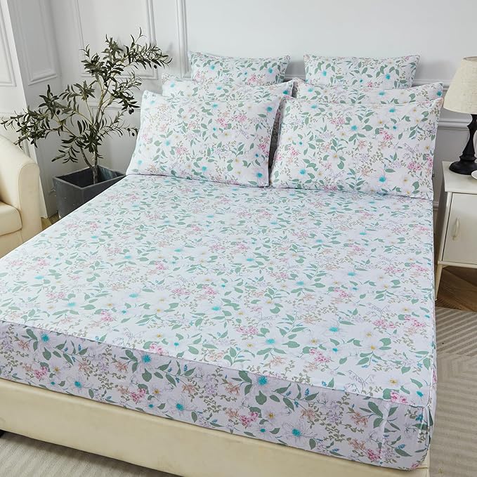 FADFAY Cal King Size Sheets Set 100% Cotton Vintage Floral Shabby Flowers & Leaves Pattern Farmhouse Bedding Set Deep Pocket Sheets with 2 Pillowcases Breathable Soft 4Pcs, Cal King