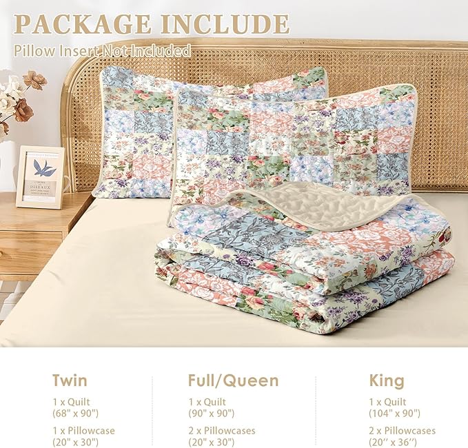 Quilt Set King Size, Vintage Patchwork Floral 3 Pcs Soft Bed Cover Bedding Set, Boho Mid Century Lightweight Bedspread Coverlet with 2 Pillow Sham for All Season