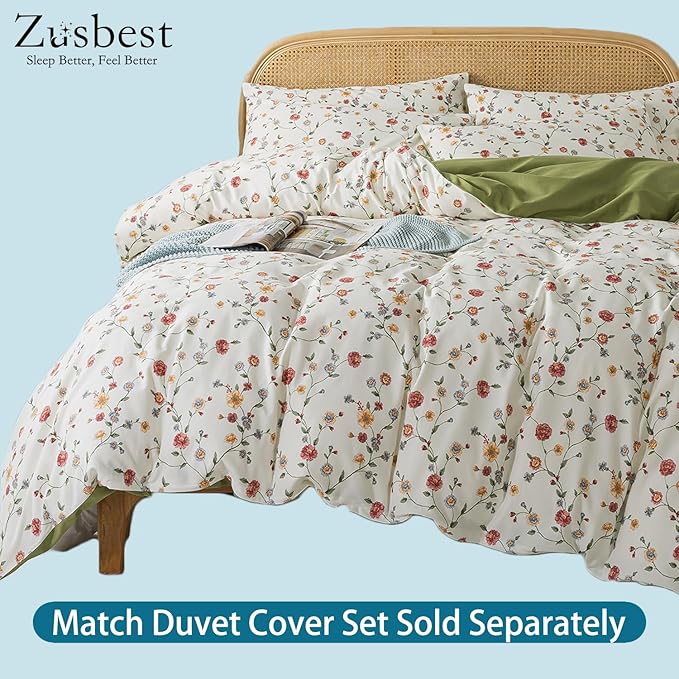 Zusbest California King Size Sheet Sets 100% Percale Cotton Off White Floral Bed Sheet, Brushed for Extra Softness, Breathable Flannel Sheets Like Pink Flower Print Deep Pocket Sheets 17.5'' 4 Pcs