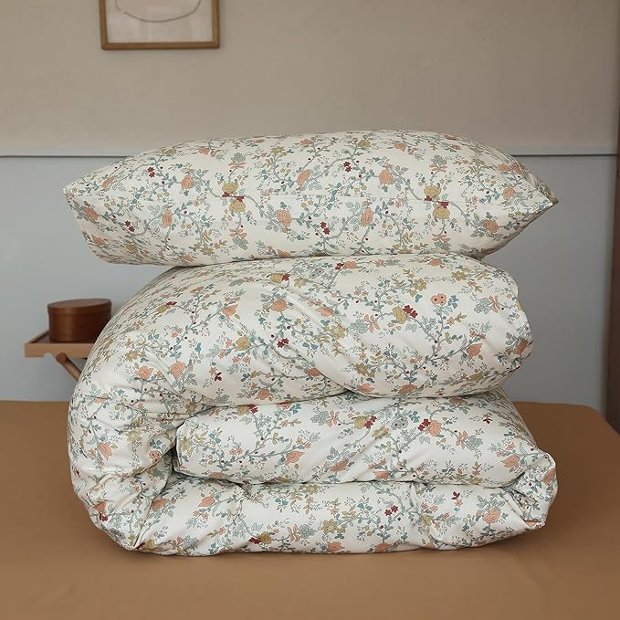 EAVD Vintage Botanical Floral Duvet Cover Queen - Soft Cotton Chic Shabby Garden Bedding Set With 2 Pillowcases, Fresh Reversible Comforter Cover With Zipper Closure