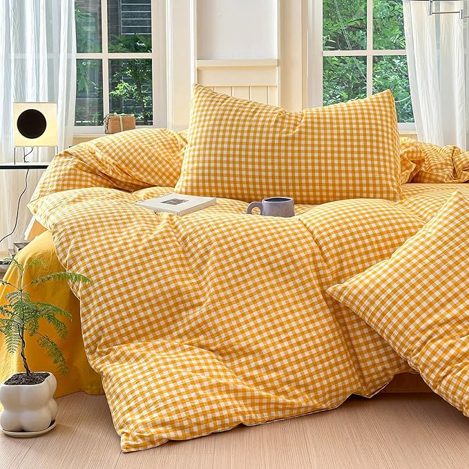 LifeTB Yellow Gingham Comforter Set Full Size Geometric Plaid Checkered Pattern Comforter Farmhouse Grid Plaid Bedding Comforter Set Soft Fluffy Lightweight Bedding Plaid Comforter for All Season