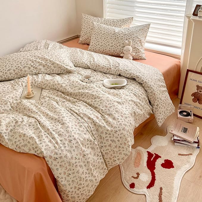 EAVD Garden Style Small Floral Print Duvet Cover Twin Soft Cotton Chic Shabby Cute Floral Bedding Set for Girls with 2 Pillowcases Fresh Botanical Duvet Cover with Zipper Closure