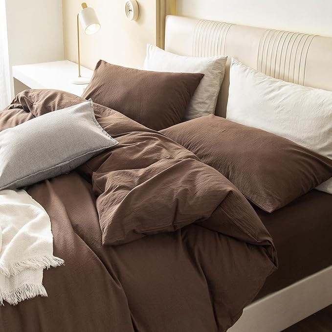 JIYUAN 100% Washed Cotton Duvet Cover Set 3 Pieces Oversized Queen, 1 Duvet Cover 98x98 Inches(Comforter Not Included) and 2 Pillowcases,Linen Feel Bedding Set Comfy and Breathable,Chocolate Brown