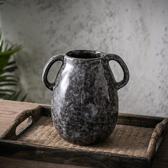 Ceramic Modern Farmhouse Vase with 2 Handles, Black Ceramic Vases for Home Decor, Rustic Pottery Vase, Decorative Terracotta Flower Vase, Boho Clay Vase for Table Living Room Shelf Mantel Decor