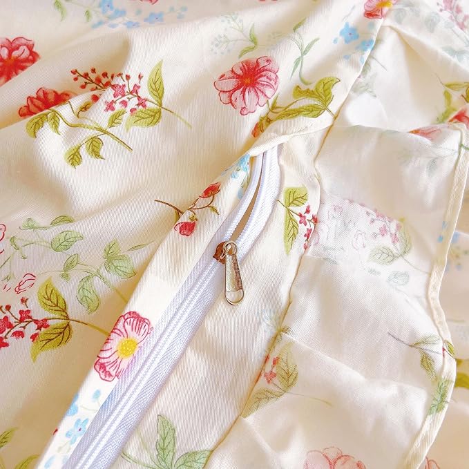 EAVD French Garden Pink Flower Duvet Cover Twin with Ruffles Soft Cotton Shabby Chic Cute Flower Bedding Set for Girls Boys with 2 Pillowcases Aesthetic Botanical Duvet Cover with Zipper Closure