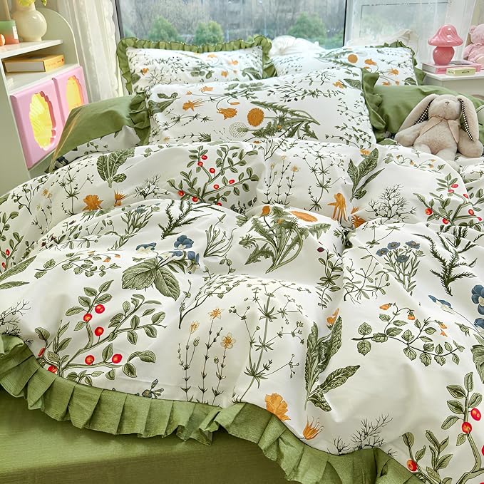 LifeTB Botanical Flower Comforter Set Full Vintage Green Floral Bedding Comforter with Elegant Ruffles Reversible Boho Floral Bedding Set Fluffy Princess Lace Ruffle Comforter Set for Kids Teen Girls