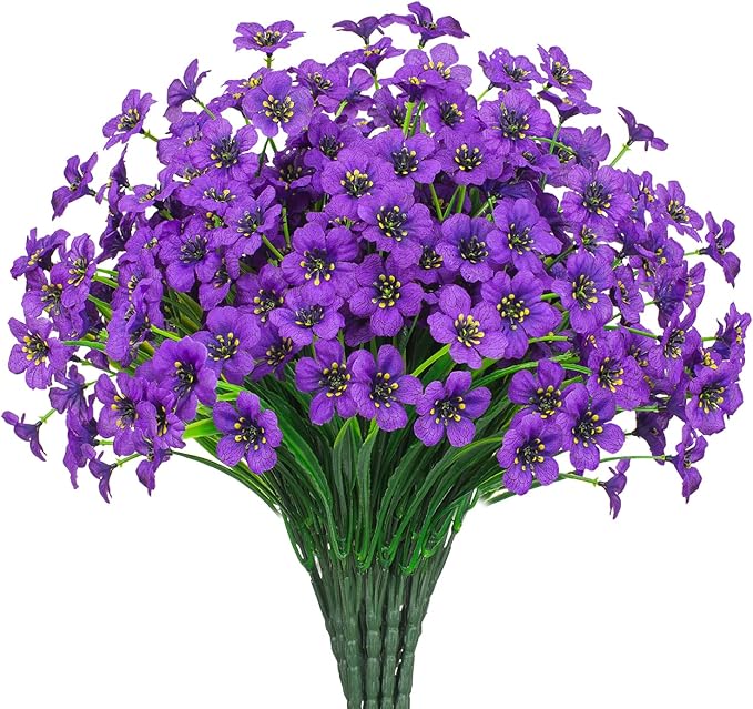 Outdoor Artificial Flowers 21 UV Resistant Bundles Fake Flower Plastic Plants Faux Silk Flowers Porch Hanging Garden Porch Window Box Decorating (Purple)