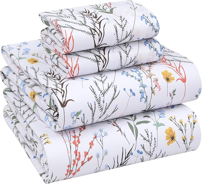 RUVANTI 100% Cotton King Size Sheets Set, 4 Pieces, Soft & Breathable Percale Weave Bedding, Deep Pocket 16", Hotel Standard, Crisp Cool Feel, Durable, Perfect Floral Bed Sheet, Aroma
