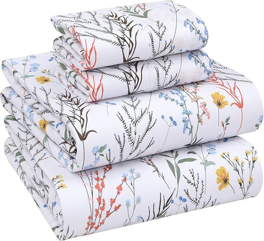 RUVANTI 100% Cotton California King Sheet Sets, 4 Pieces, Soft & Breathable Percale Weave Bedding, Deep Pocket 14", Hotel Standard, Crisp Cool Feel & Durable, Perfect Floral Sheets, Aroma