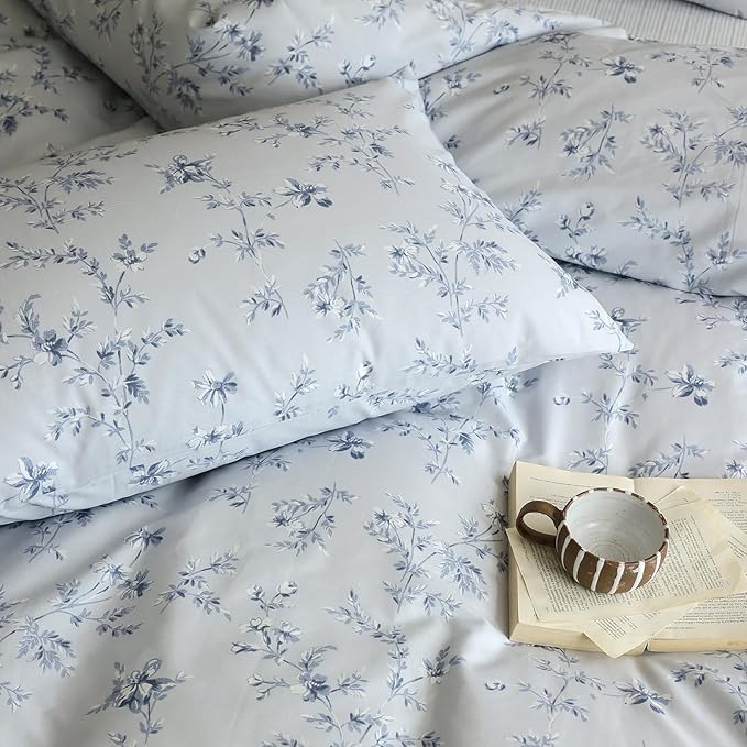 HighBuy Vintage Floral King Duvet Cover Blue Floral Duvet Cover 100% Cotton Garden Boho Flower Comforter Cover King Luxury Girls Bedding Set King Chic Flower Cottagecore Bedding Set for Men Women