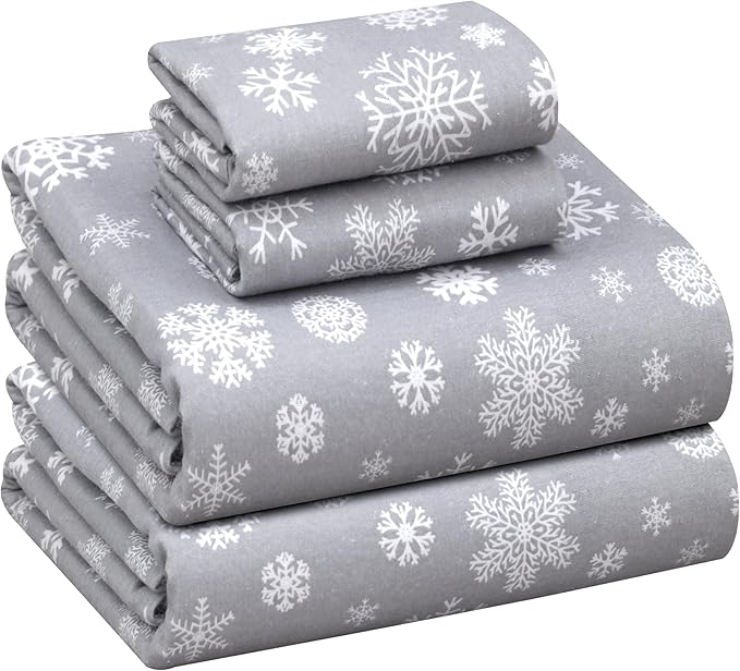 RUVANTI Flannel Sheets Queen Size - 100% Cotton Double Brushed Bed Sheets, Deep Pockets 16 Inches Queen Sheet Set, All Seasons Breathable & Extra Soft - Warm & Cozy, 4 Piece, Snowflakes