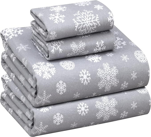 RUVANTI Flannel Sheets Queen Size - 100% Cotton Double Brushed Bed Sheets, Deep Pockets 16 Inches Queen Sheet Set, All Seasons Breathable & Extra Soft - Warm & Cozy, 4 Piece, Snowflakes