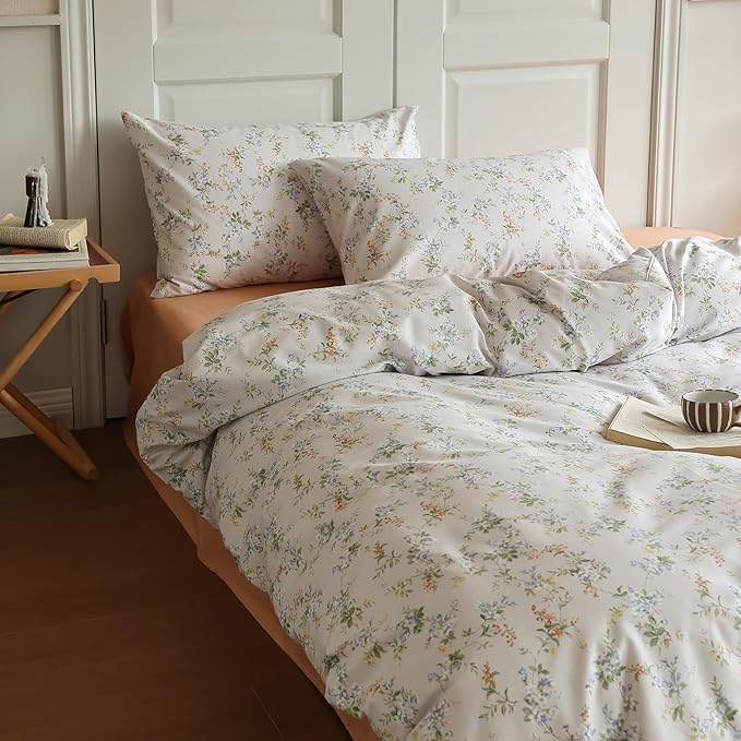 LifeTB Vnitage Style Flower Duvet Cover Set Twin Soft Cotton Botanical Floral Comforter Cove Girls Cottagecore Bedding Set Boho Flower Comforter Cover with Zipper Ties Vintage Country Bedding