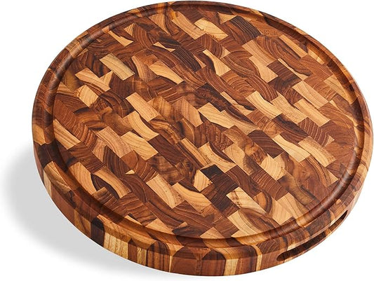 Sonder LA, End Grain Teak Wood Cutting Board 15" Round 1.5" Thick with Juice Groove and Built-in Handles, Charcuterie Serving Board (Gift Box Included)