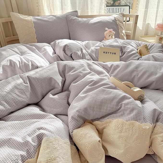 LifeTB Purple Gingham Duvet Cover Twin XL Cozy Washed Microfiber Purple Checkered Plaid Duvet Cover with 2 Pillowcases Romantic White Lace Comforter Cover 3 Pieces Gingham Grid Bedding Set