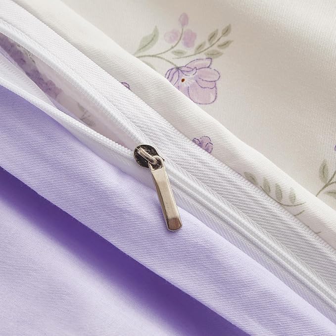 EAVD Vintage Style Garden Purple Floral Duvet Cover Queen Soft 100% Cotton Chic Small Floral Bedding Set with 2 Pillowcases Fresh Botanical Floral Comforter Cover with Zipper Closure