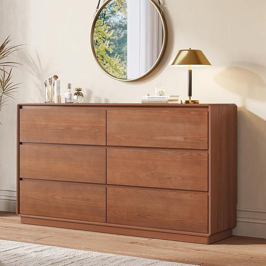 Solid Wood Dresser for Bedroom, Natural Solid Wood 6 Drawer Dresser,55.2" Wide Mid Century Modern Chest of Drawers, Closet Storage Organizer for Living Room, Bedroom