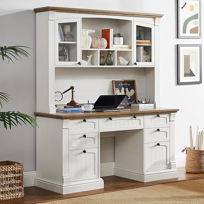 OKD 60" Executive Desk with Hutch and Drawers, Farmhouse Home Office Desk with Charging Station, Keyboard Tray, File Cabinet Storage, Wood Computer Desk for Work and Study, Antique White