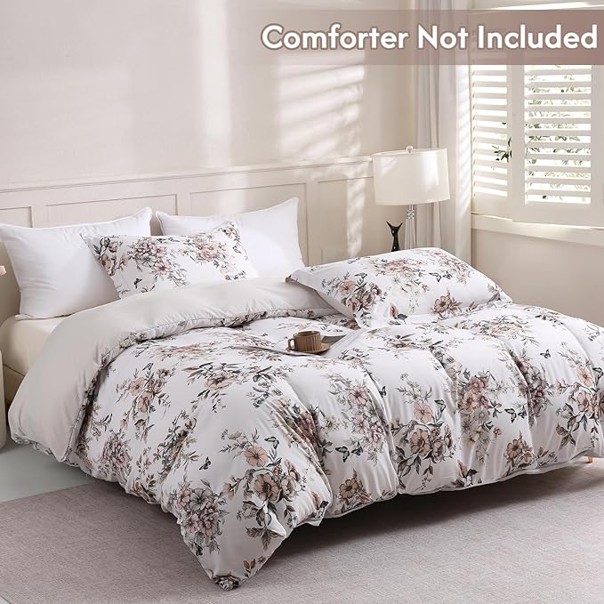 LONAVA Queen Floral 3 Pcs Duvet Cover Set, Breathable Soft Microfiber Light Grey Lining Comforter Cover with Zipper Closure, and 2 Anti-Pilling, Fade Resistant Pillowcases, Withered Flowers