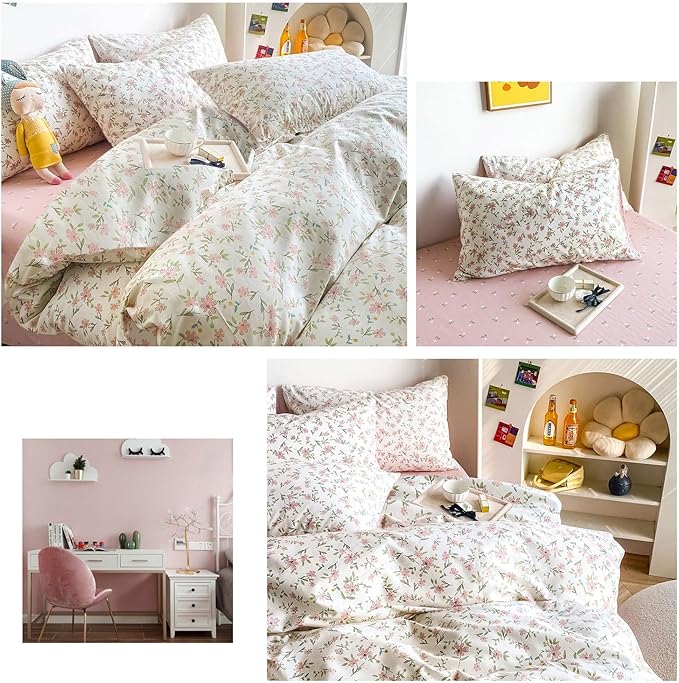 LifeTB Vintage Pink Floral Comforter Set Queen 3 Pieces Cute Pink Flower Bedding Comforter for Teen Girls Botanical Comforter Queen Floral Leaves Pattern Bedding Set Boho Farmhouse Bed Comforter Set