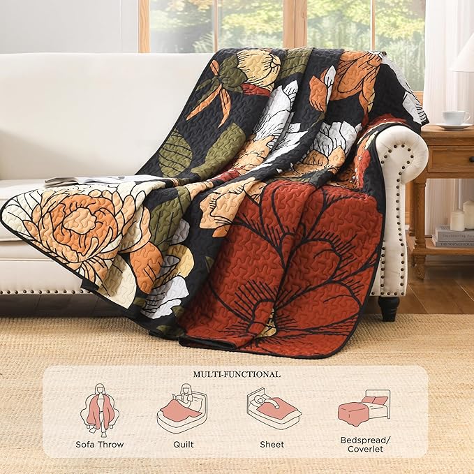 Andency Floral Boho Queen Quilt Bedding Set Black, 3 Pieces Farmhouse Flower Botanical Summer Bedspreads with 2 Shams, Soft Reversible Lightweight Microfiber Coverlet Set for All Season, 90"x96"