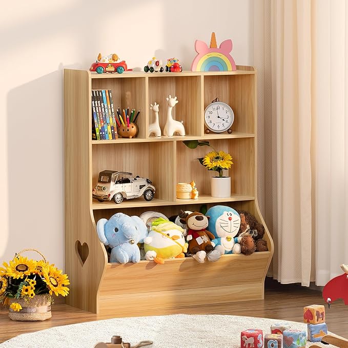 Lerliuo Kids Toy Storage Organizer, 3 Tier Children Small Bookcase and Bookshelf, Toddler 7 Cubby Toy Storage Cabinet, Toy Shelf for Playroom, Bedroom, Living Room, Nursery, School 29.53'' H (Natural)