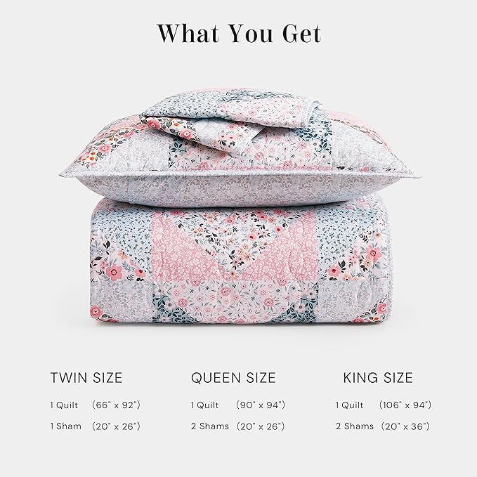 Quilt Set King Size, Patchwork Pink Floral Quilt Sets, Reversible Bedspread Lightweight and Breathable for All Seasons, Soft Quilted Bedspread with 2 Pillow Shams
