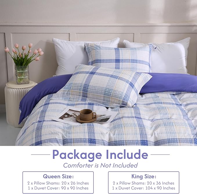 LONAVA Queen Plaid 3 Pcs Duvet Cover Set, Breathable Soft Microfiber Peri Lining Comforter Cover with Zipper Closure, and 2 Anti-Pilling, Fade Resistant Pillowcases, Blue Plaid
