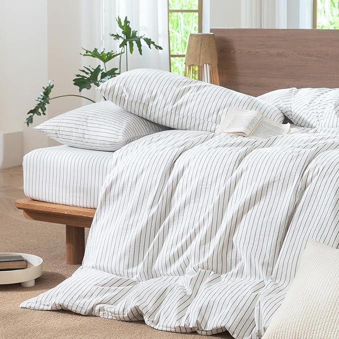 MooMee Striped Duvet Cover Set 100% Washed Cotton Linen Like Textured Breathable Durable Soft Comfy (White Heathered Green Wide Stripes, Palatial King/Oversized King 120"x98")