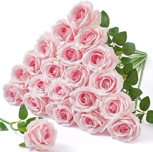 Serwalin 20pcs Bright Pink Artificial Roses, 4'' Big Flower Head, Velvet Roses Real Touch, Silk Fake Roses Long Stem Realistic Bouquet for Wedding Table Centerpiece and Home Decor