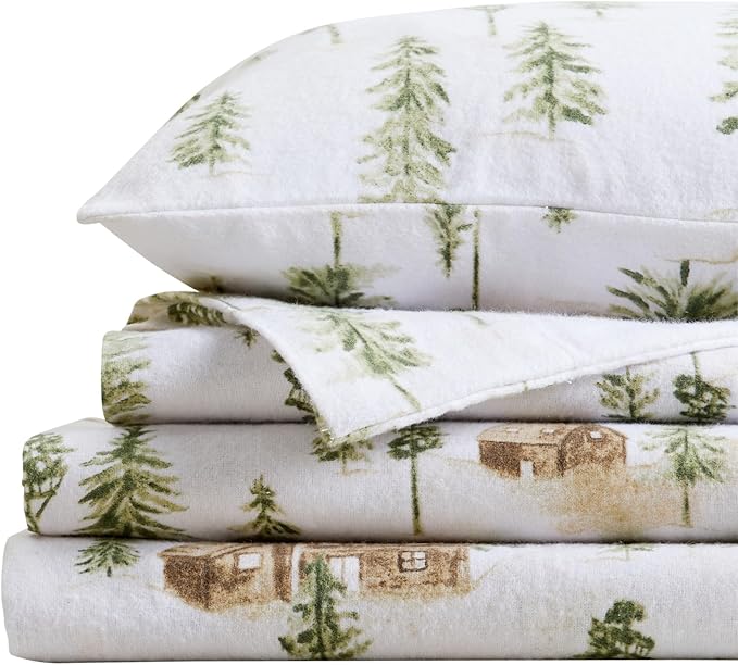 Market & Place 100% Cotton King Flannel Sheet Set | 4 Piece Deep Pocket Novelty Cozy Winter Bed Sheets | Double Brushed for Extra Softness & Comfort | Alpine Collection (King, Watercolor Forest)