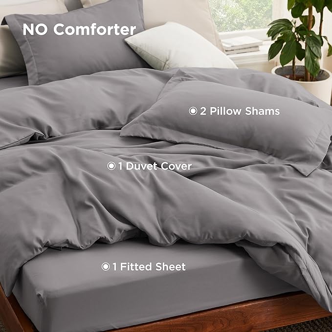 Bedsure Duvet Cover with Fitted Sheet Full - Deep Pocket, Hotel Luxury Soft Double Brushed Bedding Set with Zipper Closure, Includes 1 Duvet Cover, 1 Fitted Sheet, 2 Pillow Shams, NO Comforter, Grey