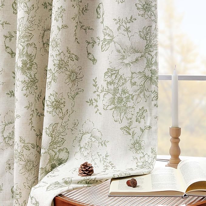 jinachan Blackout Curtains Linen Blend Floral Curtain for Living Room 96 Inch Length Christmas Sage Green Flower Printed with Lined Blackout Drapes for Bedroom Farmhouse Curtains Set 2 Panels