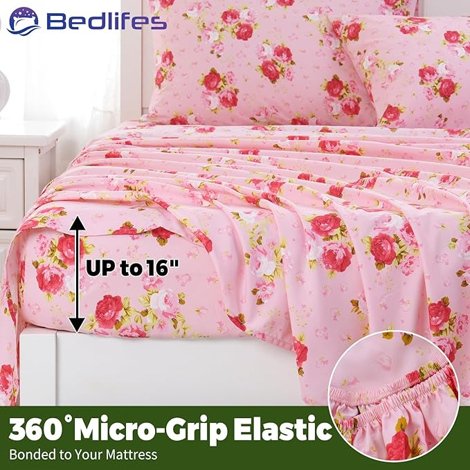 Bedlifes California King Floral 4-Piece Sheet Set - Cooling Sheets Blend Rayon Derived from Bamboo,Soft & Breathable, Deep Pocket 16", Wrinkle Resistant - Vibrant Boho Floral in Rose Pink