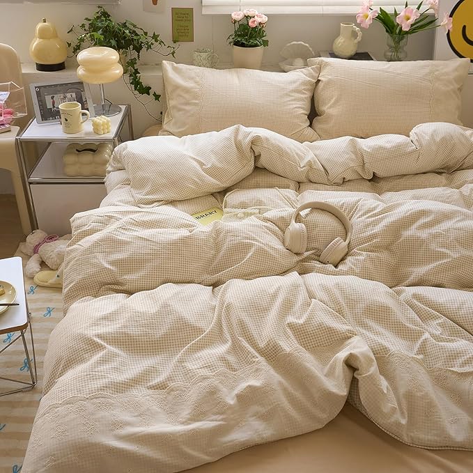LifeTB Tan Gingham Comforter Set Full Romantic Lace Style Beige Taupe Plaid Comforter Set 3 Pieces Vintage Checkered Grid Comforter with 2 Pillowcases Fluffy Soft Farmhouse Gingham Bedding Set