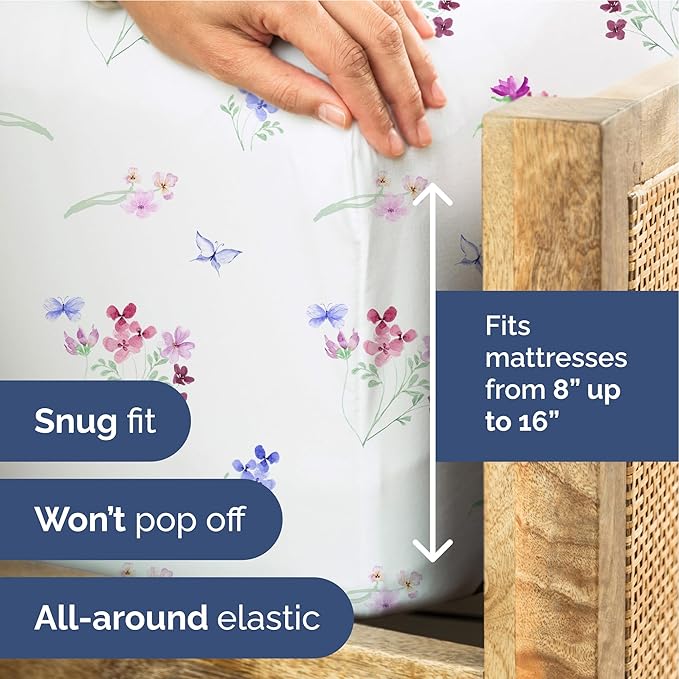 Floral Sheets - Butterfly Floral Bed Sheet Set - 1 Flat, 1 Fitted & 2 Pillowcases w/ Deep Pockets - Wrinkle & Fade Free - Boho Botanical Bedding - Ultra-Soft, Breathable and Cooling - King Size Set