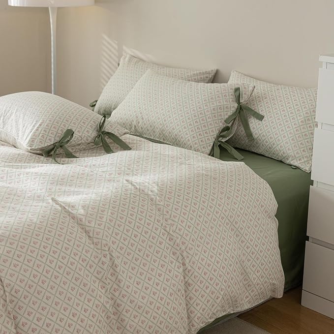 LifeTB Pink Floral Comforter Set Queen Plaid Grid Cute Flower Comforter 3 Pieces Cottagecore Bedding Comforter Aesthetic Flowers Boho Comforter with 2 Bowknot Pillowcases Farmhouse Bedding Set
