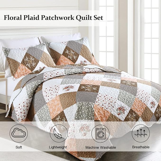 Dinjoy Floral Plaid Patchwork Quilt Set King Size, Reversible Brown Bedding Set Soft Microfiber Lightweight Bedspread Coverlet 3 Piece Fall Autumn Summer Use (104x90 inches)