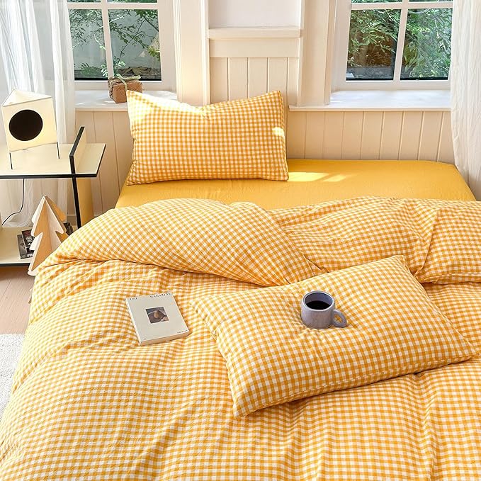 LifeTB Twin XL Comforter Set 3 Pieces Yellow Gingham Comforter Set Geometric Checkered Plaid Printed Bedding Comforter for All Seasons Fluffy Soft Lightweight Gingham Plaid Bedding Set Twin XL