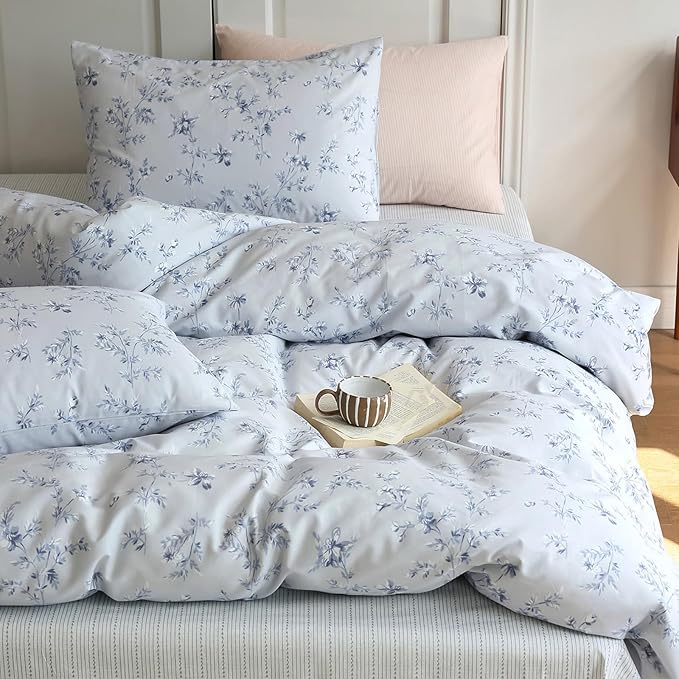 HighBuy Boho Style Comforter Set Full Size Blue Floral Print Bedding Comforters Bohemian Bedding Sets 3 Piece for All Season Comfy Soft Full Bed Comforter with 2 Pillowcases