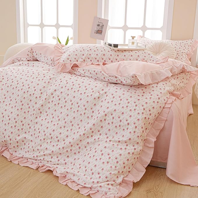 VM VOUGEMARKET Pink Floral Comforter Set Full,1 Fluffy Ruffle Comforter with 2 Pillow Shams Soft Comfy Reversible Stripes Bedding Comforter Set for All Seasons-79 x90