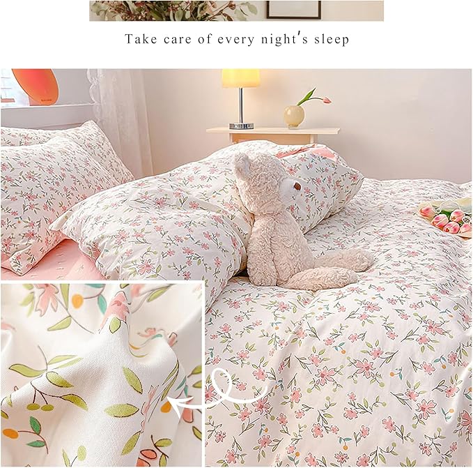 EAVD Chic Floral Girls Duvet Cover Twin XL Cotton Pink White Garden Floral Bedding Set with 2 Pillowcases Freash Cute Botanical Comforter Cover with Zipper Closure