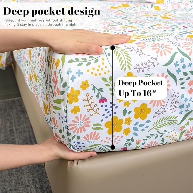 Bedlifes Full Sheet Set Ultra Soft, Breathable, Silky Flower Deep Pocket 100% Microfiber Bedding, 4 Piece Full Size Floral