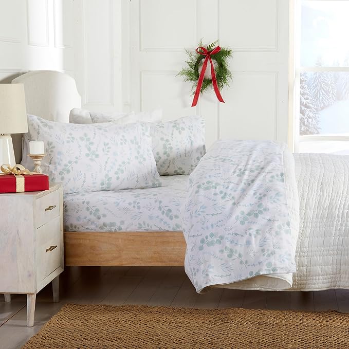 Market & Place 100% Cotton Queen Flannel Sheet Set | 4 Piece Deep Pocket Cozy Winter Floral Bed Sheets | Double Brushed for Extra Softness & Comfort | Alpine Collection (Queen, Eucalyptus Leaves)
